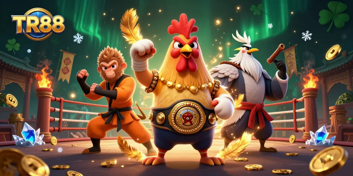 TR88 boosts excitement with a fierce Muay Thai rooster, Shaolin monkey, and crane master in a dynamic casino scene.