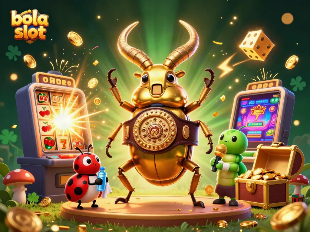 Experience thrilling action with bola slot in a vibrant 3D casino illustration featuring colorful characters and jackpot explosions.