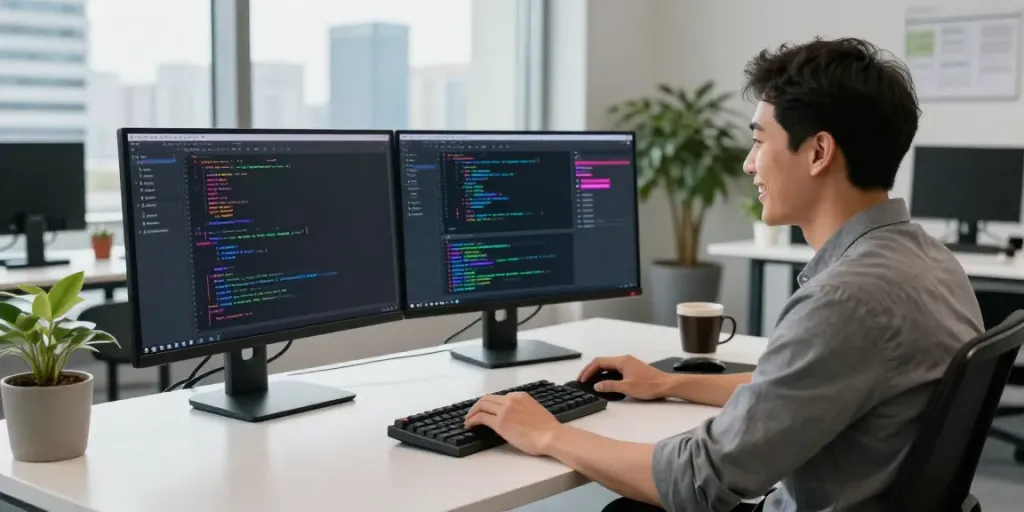 Developer using h5.2113.net resources in a modern workspace with dual monitors, coding apps.