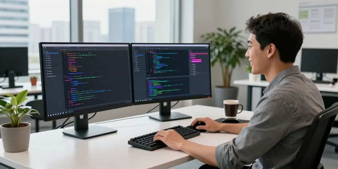 Developer using h5.2113.net resources in a modern workspace with dual monitors, coding apps.