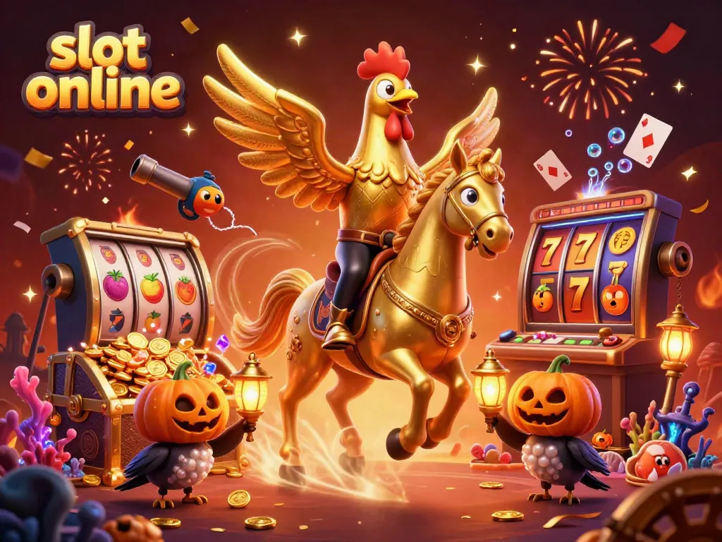 Experience thrilling slot online gameplay with a golden rooster and mysterious characters in a casino.