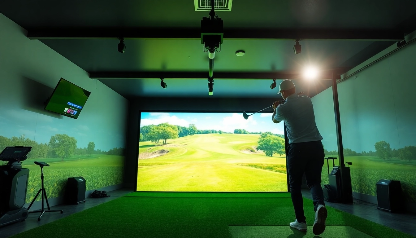 Golfer swinging in action at a golf simulator located in a modern indoor facility.