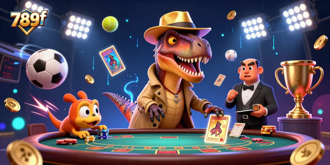Engage with 789f's immersive gambling scene featuring a velociraptor card counter and dynamic sports elements.