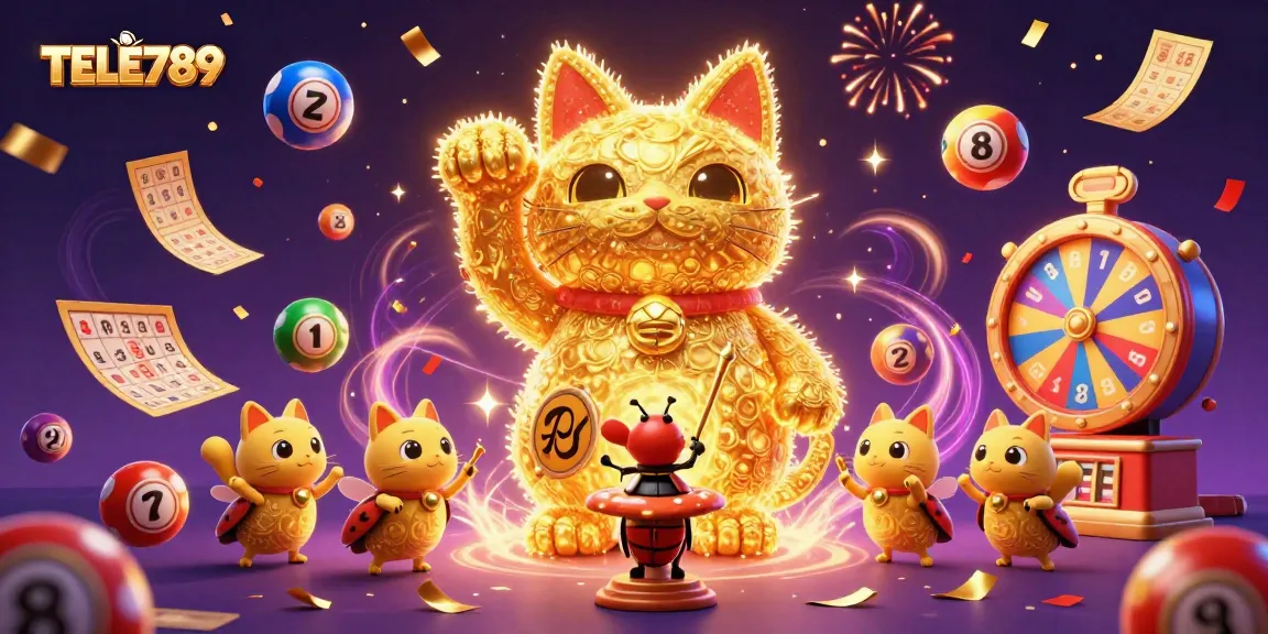 Experience thrilling wins with TELE789 in this vibrant online casino illustration featuring lucky symbols.
