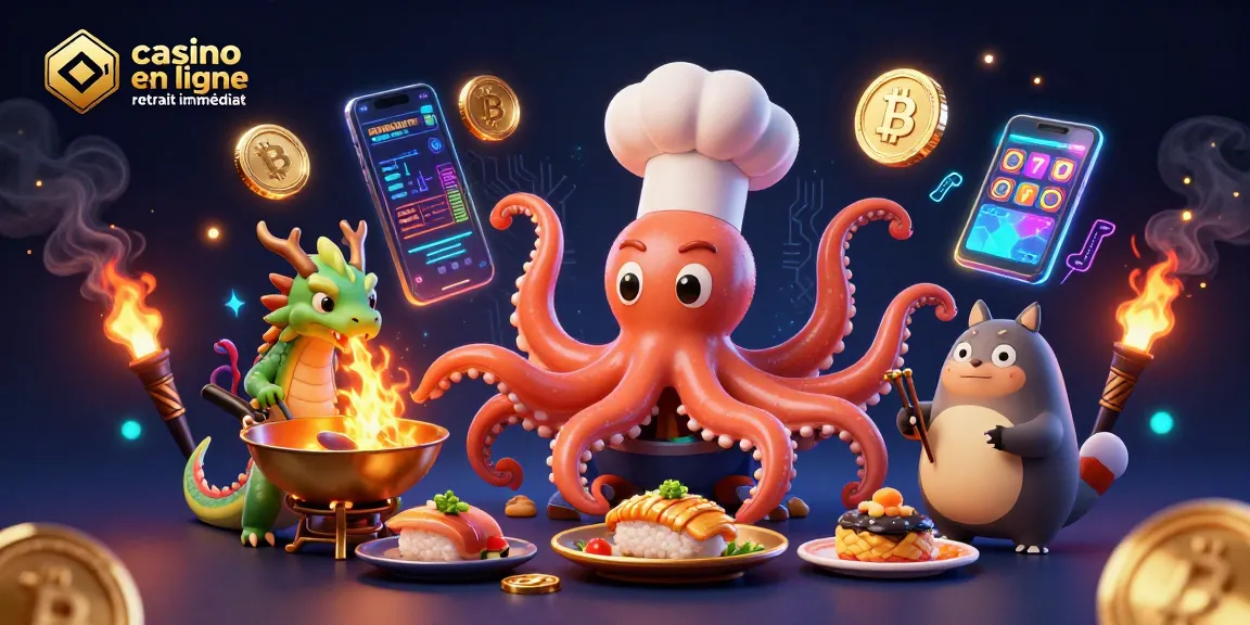 Jouez au casino en ligne retrait immédiat avec une illustration animée de personnages de jeux et des éléments de crypto-monnaie.