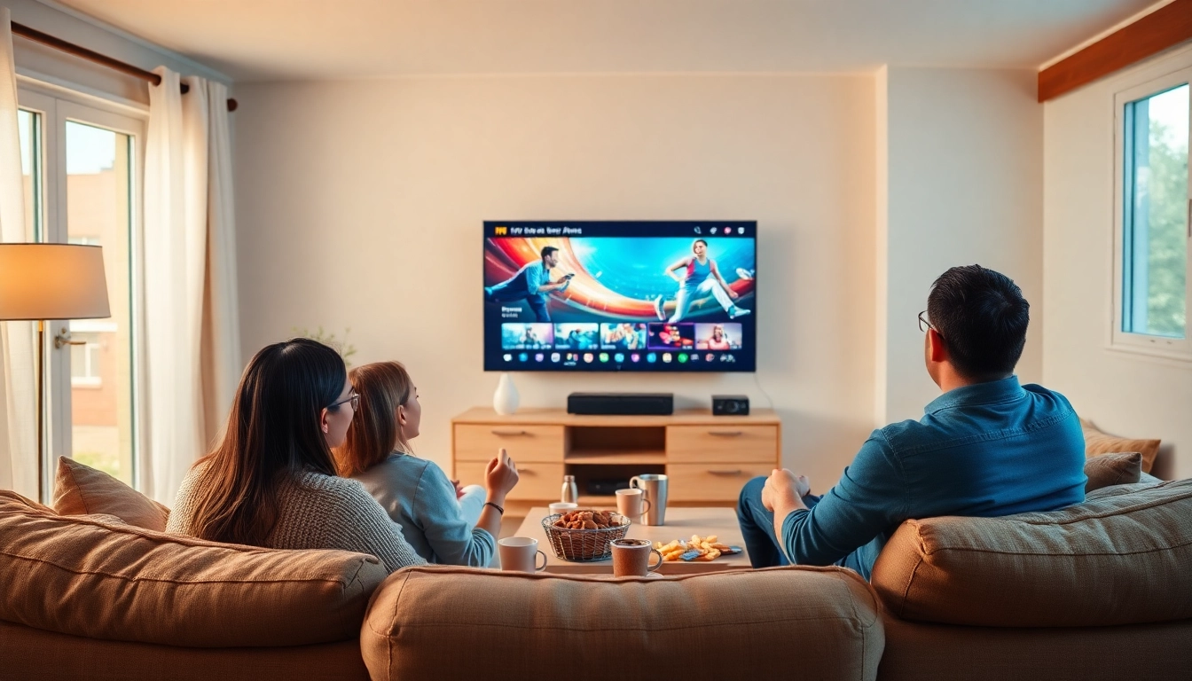 Family enjoys buy iptv subscription in US in a cozy living room setting with vibrant content streaming.