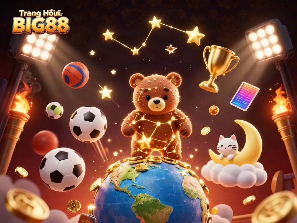 Engage with Trang Chủ BIG88 as a constellation bear scoops up coins, amidst vibrant casino elements.