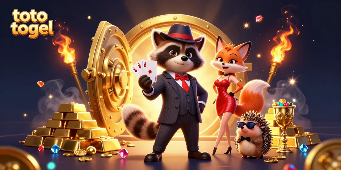 Experience thrilling toto togel gameplay with a charming raccoon, fox, and hedgehog amidst dazzling casino treasures.