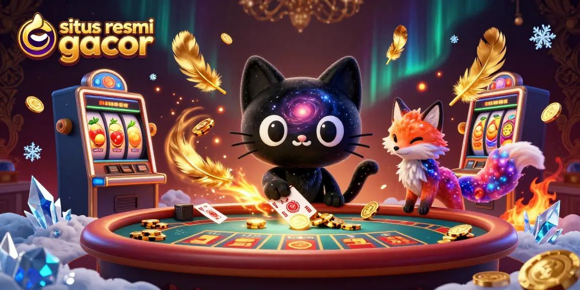Menggambarkan suasana situs resmi gacor yang menarik dengan karakter kucing berpori hitam dan teman rubah nebula dalam aksi kasino.