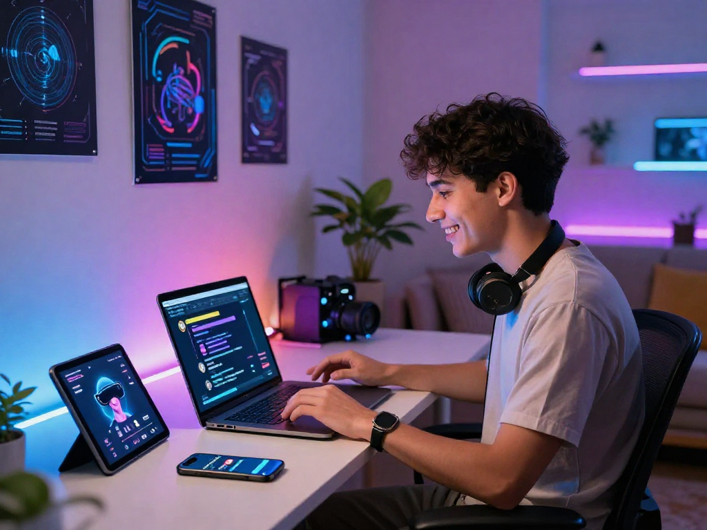 User enjoying an engaging AI NSFW chat at a modern workspace with vibrant ambiance and tech elements.