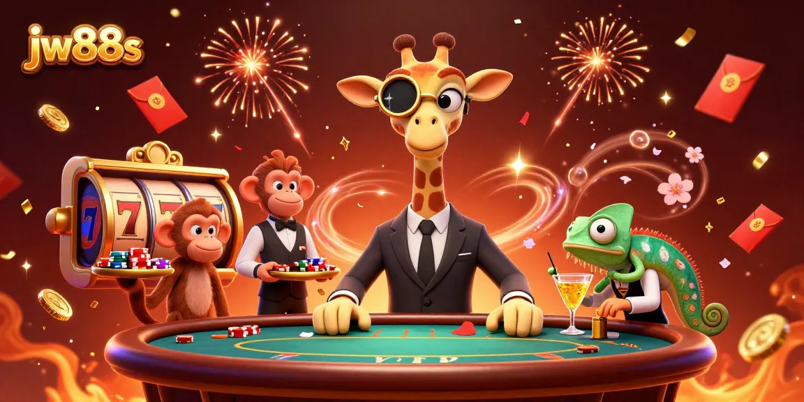 Engaging illustration of jw88s with a high-roller giraffe at a VIP poker table amidst celebratory gaming elements.
