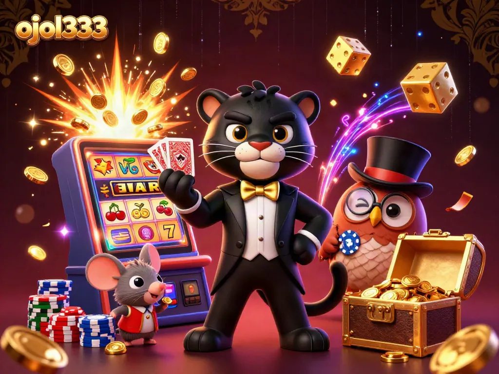 Win big with ojol333's vibrant casino scene featuring dynamic characters and symbols.