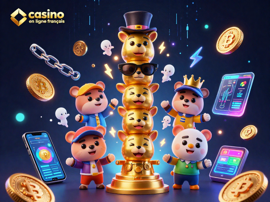 Visitez un casino en ligne français avec une scène dynamique de totems et crypto-monnaies illuminées.