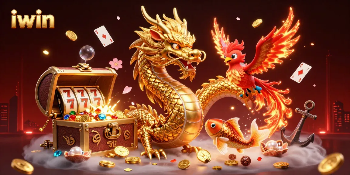Experience winning excitement with iwin, showcasing a dynamic casino scene featuring a golden dragon and phoenix.