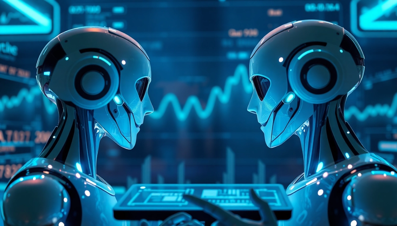 Ai Bots conducting a virtual discussion in a modern digital workspace.
