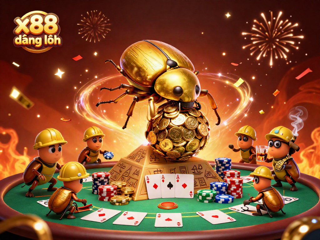 x88 đăng nhập showcases a golden dung beetle masterfully rolling a coin ball in a vibrant casino scene.