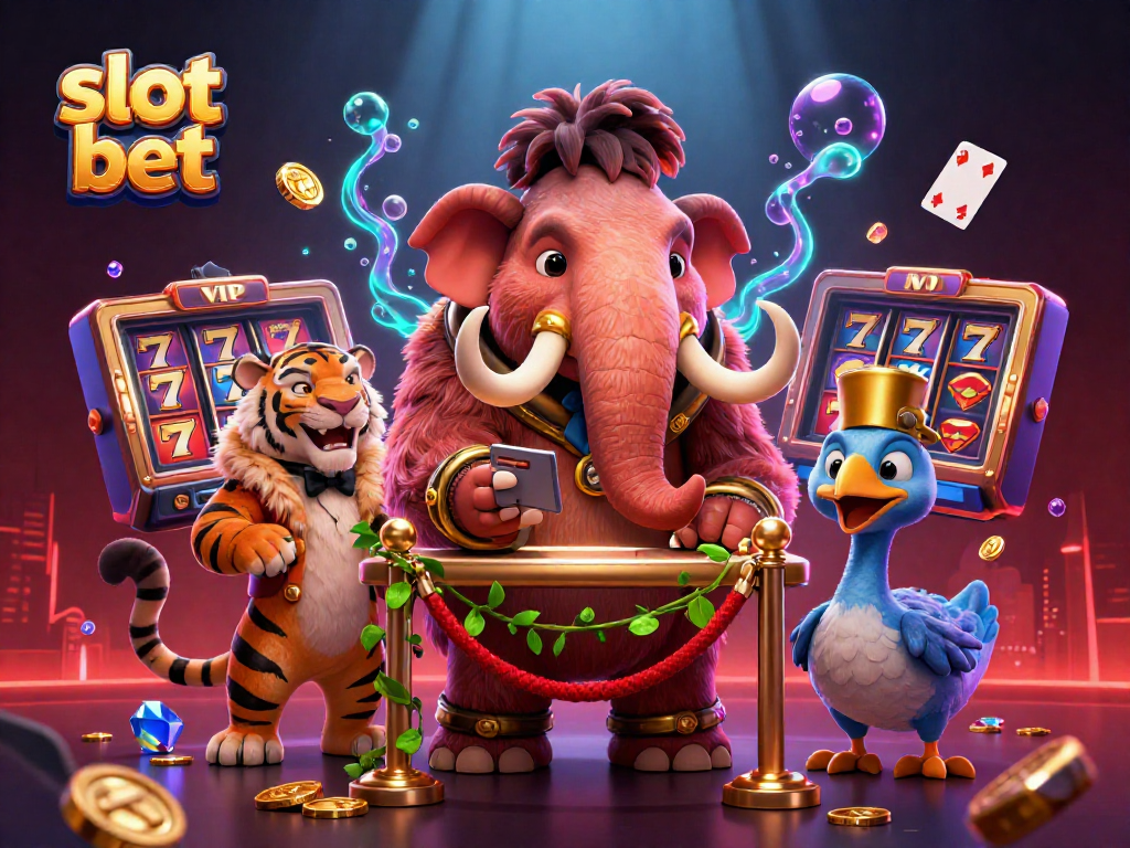 Slot bet, mamut kasino memeriksa ID di depan pintu dengan karakter lucu dalam gaya kartun.