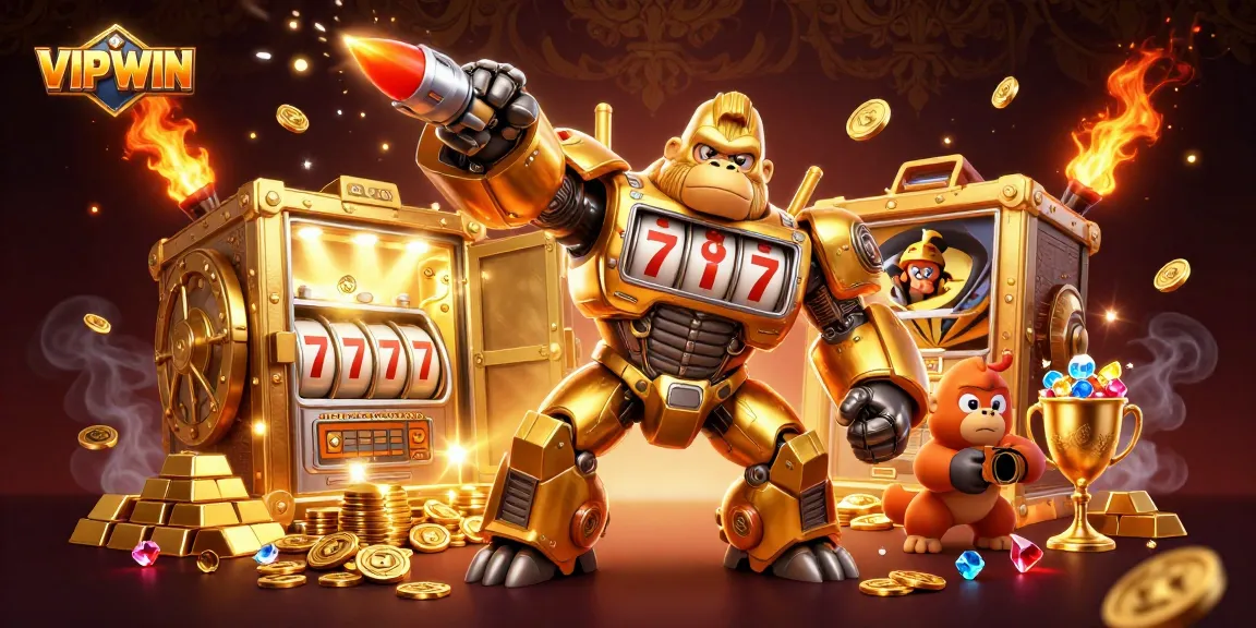 Spin the reels with VIPWIN’s golden gorilla mech, bursting with treasure and casino excitement.