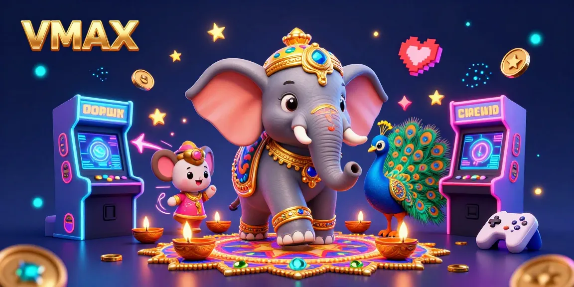 Experience VMAX with vibrant gameplay featuring a colorful elephant and peacock against a dynamic casino backdrop.