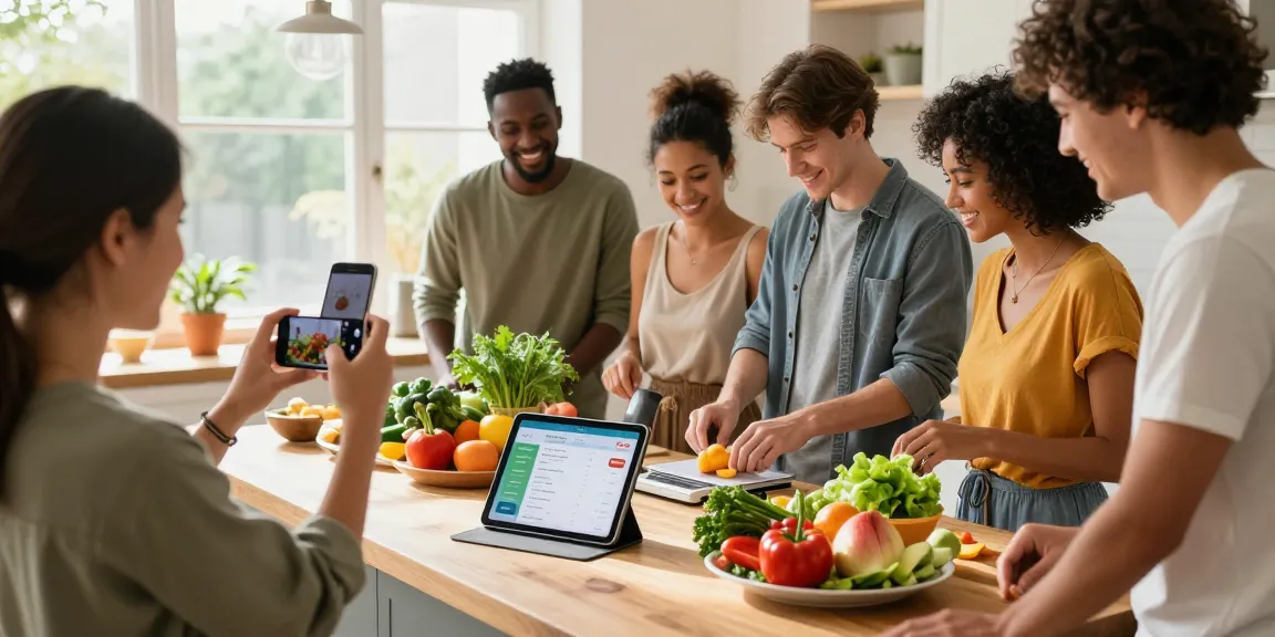 Friends using the best AI calorie tracker app while preparing a healthy meal together in a sunny kitchen.