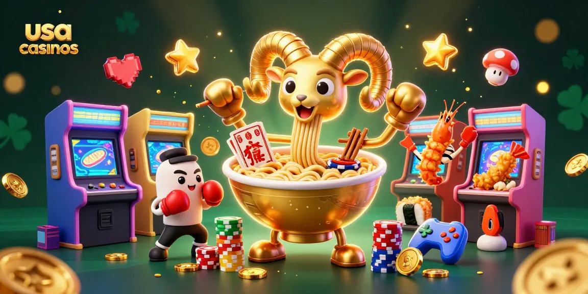 Engage with usa casinos featuring a 3D golden ramen bowl dealer in a vibrant digital casino scene.