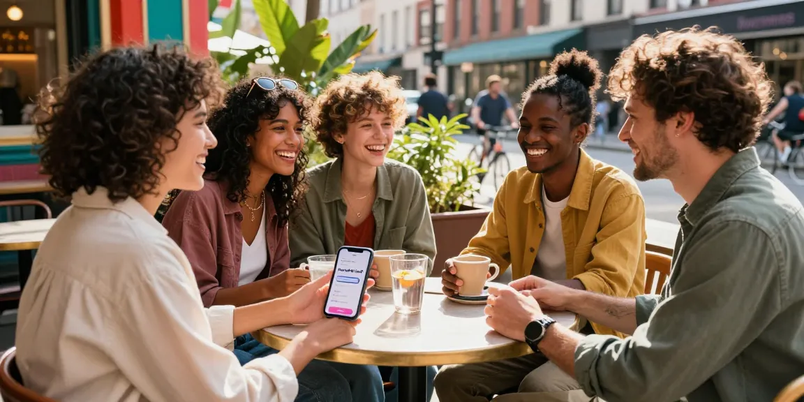 Friends enjoying a café moment, exploring the question "how old do I look?" on a smartphone app amidst a lively outdoor setting.