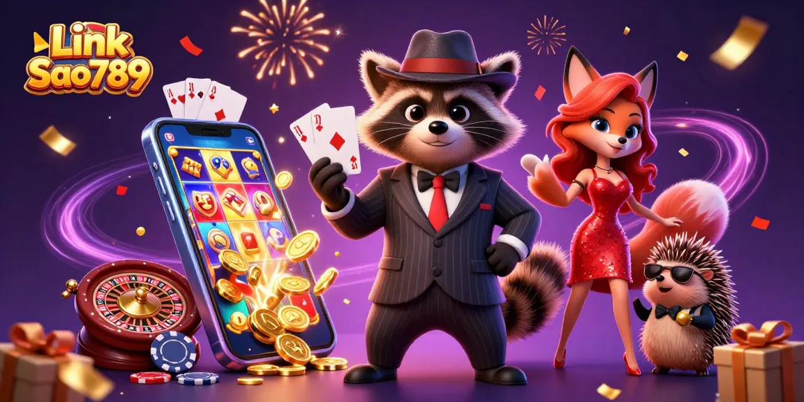 Experience the thrill of winning at Link Sao789 with a raccoon, fox, and hedgehog enjoying a dynamic casino atmosphere.