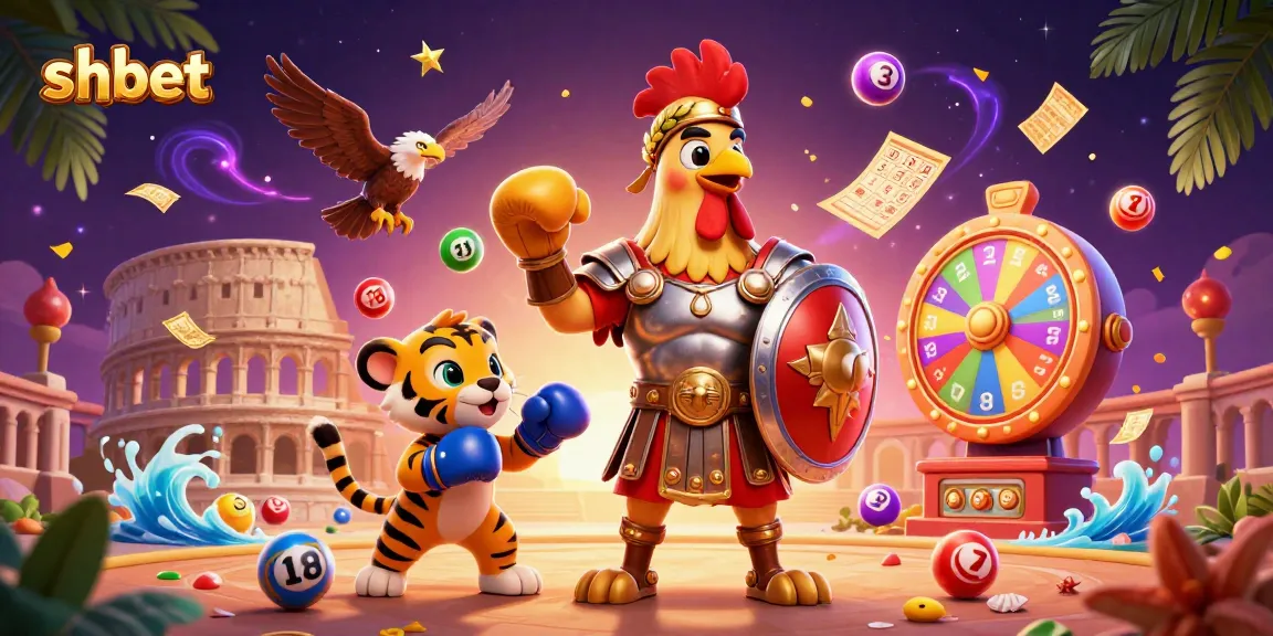 Engage with shbet's vibrant casino world featuring a gladiator rooster amidst lottery elements and golden tickets.