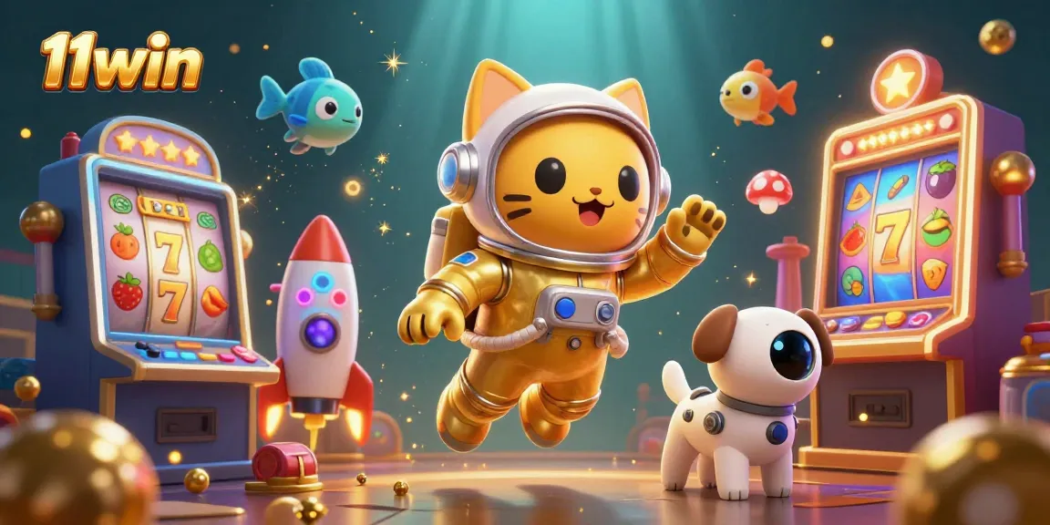Engage with 11win in this vibrant 3D casino scene of space-themed slots and gaming adventures.
