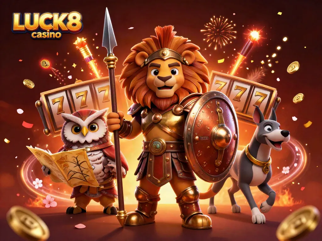 Experience the excitement at LUCK8 casino, featuring a Spartan lion, an owl, and a greyhound with vibrant slot elements.