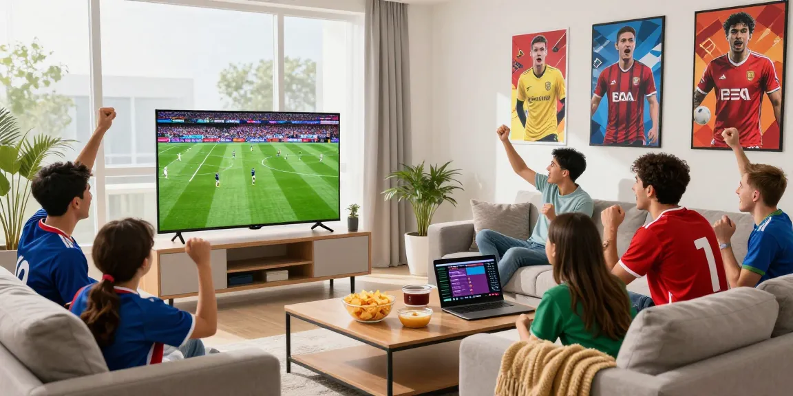 Friends enjoying kooralive football match in a lively living room with snacks and jerseys.